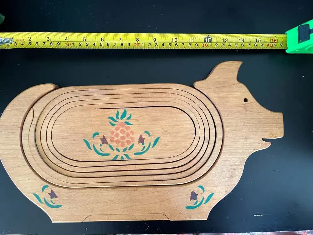 Vintage Wooden Pig Collapsible Trivet with Pineapple Motif